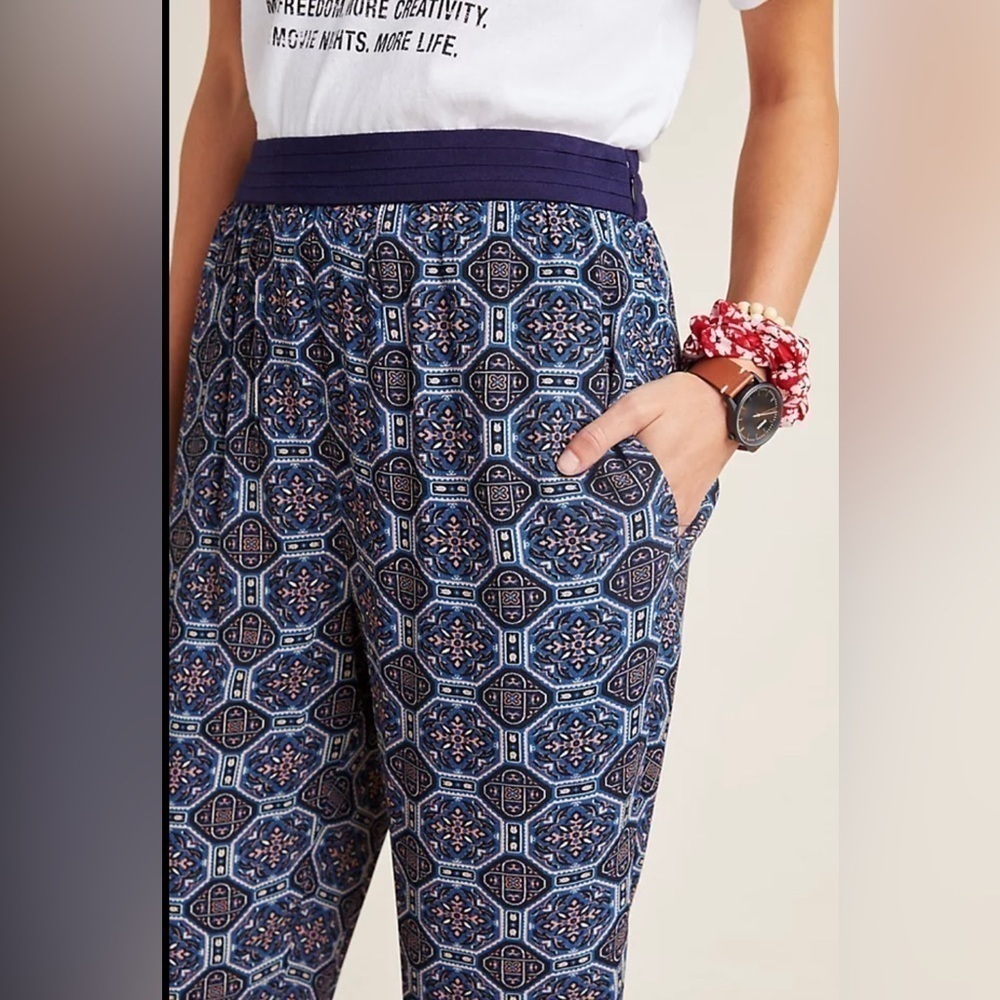Anthropologie Blue Patterned Straight Leg Pants
